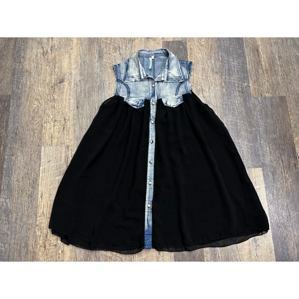 36point5 Womens Denim Mixed Media Chiffon Sleeveless‎ Button Front Mini Dress S